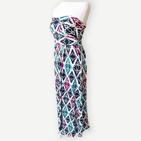 Ann Taylor Petites Strapless Multicolor Abstract Print Flowy Maxi Dress. XXSP. - Picture 3 of 11